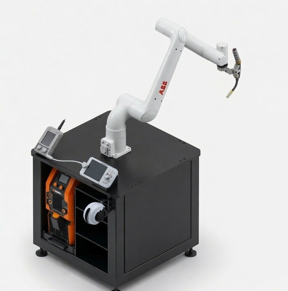 MexxBot Solo system — ABB CRB 1910-10 cobot with Kemppi welder on mobile plinth, cabinet open