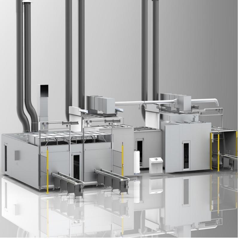 3D layout of the Mexx dual paint booth system with two booths, extraction ducts, curing sections and conveyors