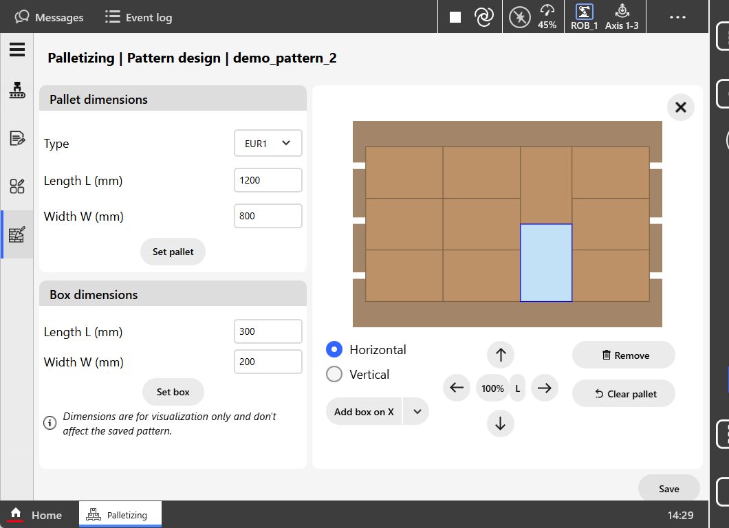 ABB palletising app pattern designer showing boxes laid out on a pallet