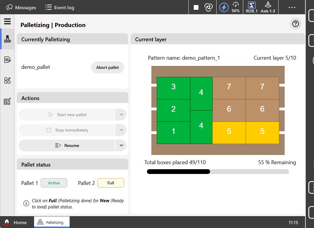 ABB palletising app production screen showing placed and next boxes on the current layer