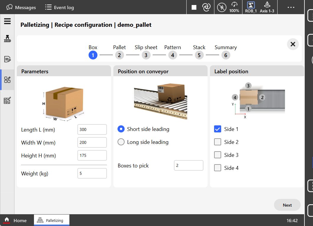 ABB palletising app recipe configuration with box dimensions, conveyor position and label side