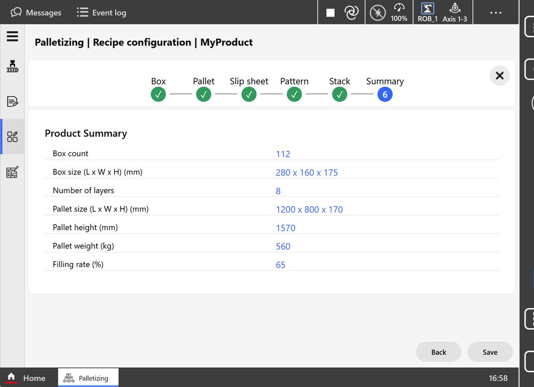 ABB palletising app product summary showing box count, number of layers, pallet height and pallet weight for an example recipe