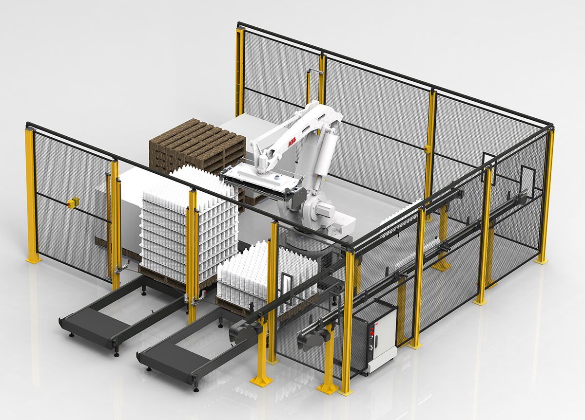 Mexx industrial robotic palletising cell: ABB industrial robot with vacuum layer gripper stacking bottles onto two pallets inside yellow safety guarding